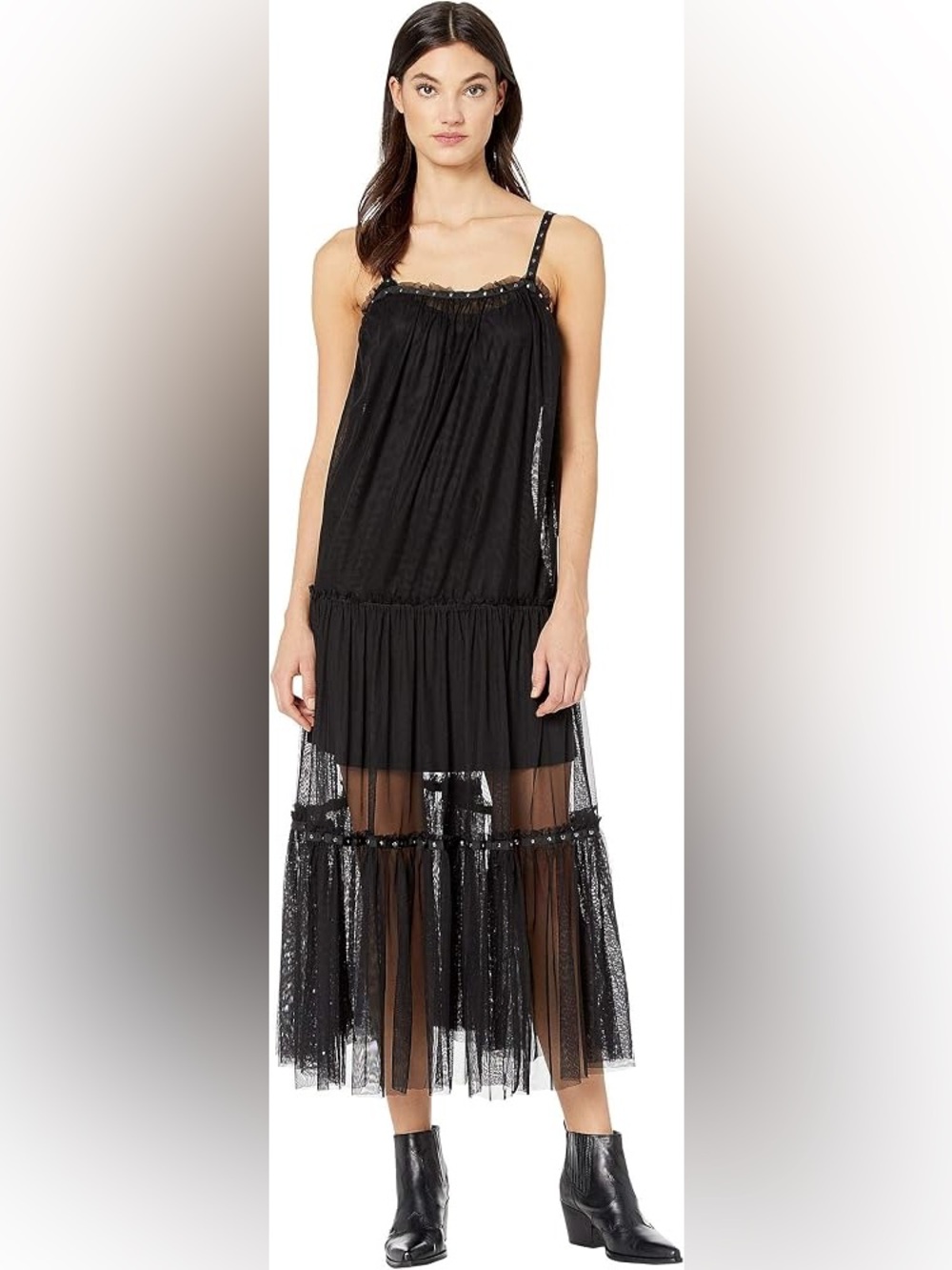 ❤️ NWOT! RARE Free People x Intimately FP Night Out Black Mesh Ruffle Maxi Dress - Picture 2 of 13